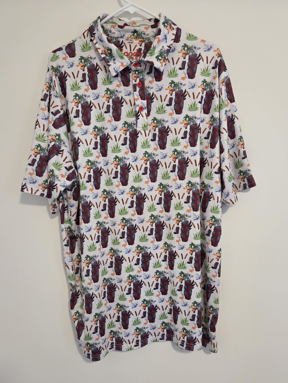 Kandy Golf Apparel White Short Sleve Polo Shirt With All- Over Duck Print